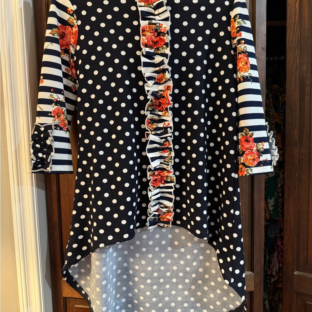 Custom navy Polka Dot and Floral Ruffle Blouse